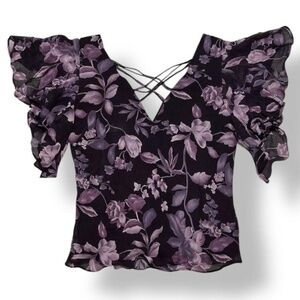Adrianna Papell Purple Floral Mesh Top